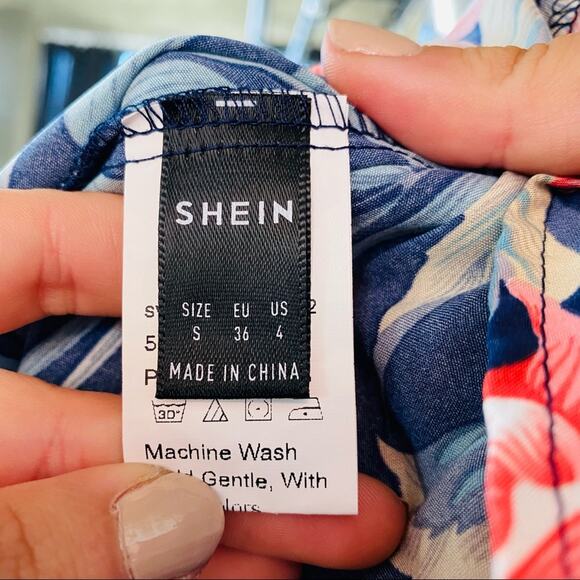 SHEIN Navy Blue Pink Floral Palm Tropical Print Tank Top Mini Halter Dress S - Picture 5 of 7